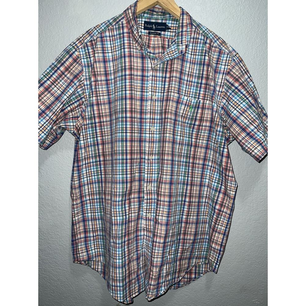 Ralph‎ Lauren Mens Large Classic Fit Plaid Short Sleeve Button Down Preppy Horse